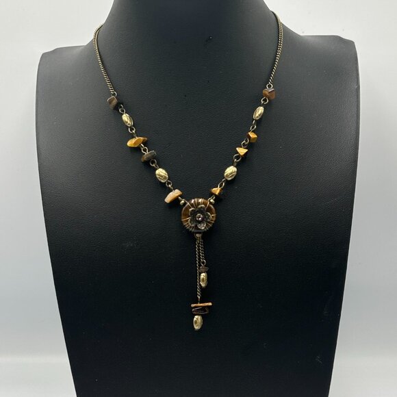 Vintage Nina Ricci for Avon Lariat Necklace Bronze Tone Tigers Eye Chip Beaded - Picture 3 of 13